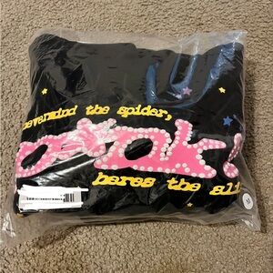 Black Graphic Tee with Pink and Yellow Design- Sp5der
